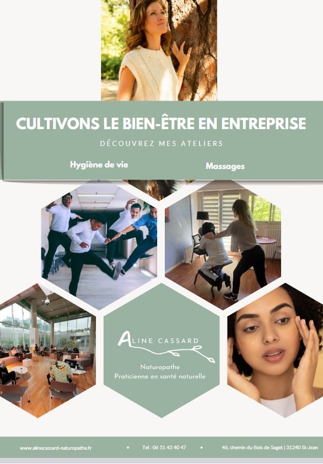 Couverture de la plaquette bien-être en entreprise d'Aline Cassard, Naturopathe : prestations bien-être en entreprise QVCT à Toulouse et en France.