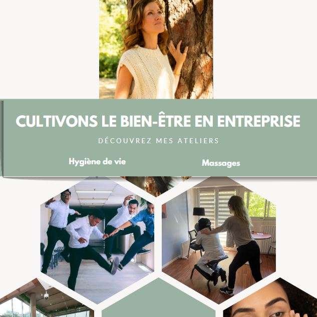 Plaquette de présentation d’une naturopathe à Toulouse en entreprise proposant des soins bien-être, massages assis, réflexologie plantaire et accompagnement en santé naturelle pour les salariés